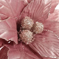 Large Pink Poinsettia Flower Stem with Glitter Trim Christmas Flowers|