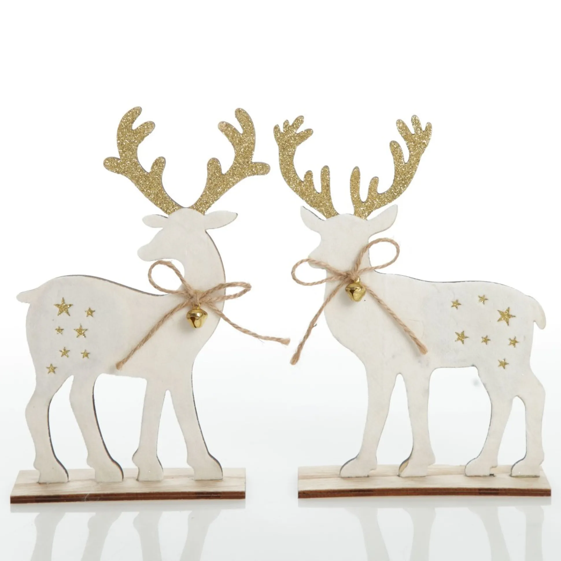 Large White Wood Deers with Gold Glitter Ornaments -Set of 2 Christmas Birds And Animals|