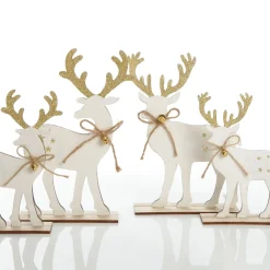 Large White Wood Deers with Gold Glitter Ornaments -Set of 2 Christmas Birds And Animals|