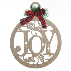 Laser Cut Joy Plywood Hanging Christmas Bauble Tartan bow Wall Hangings And Signs|
