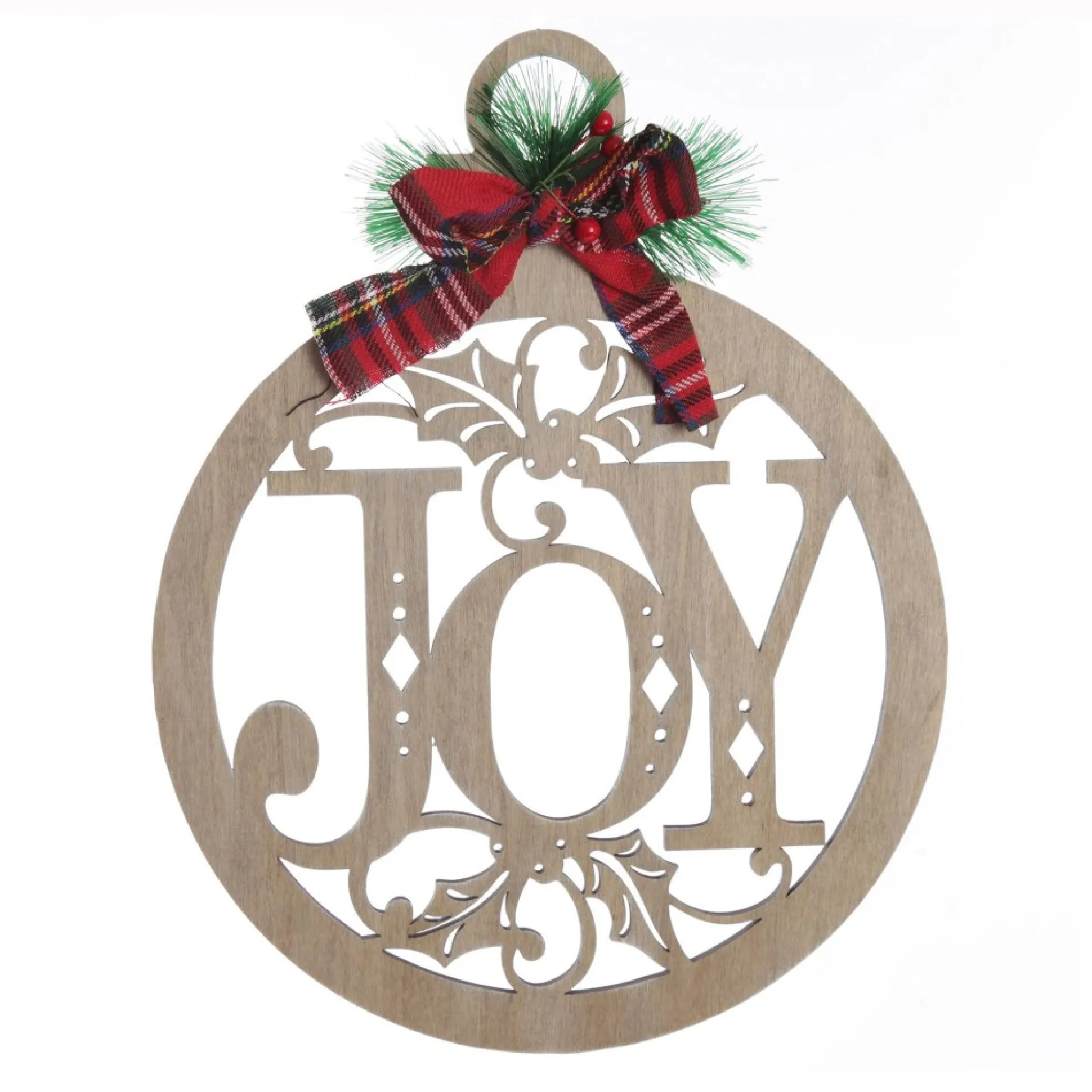 Laser Cut Joy Plywood Hanging Christmas Bauble Tartan bow Wall Hangings And Signs|