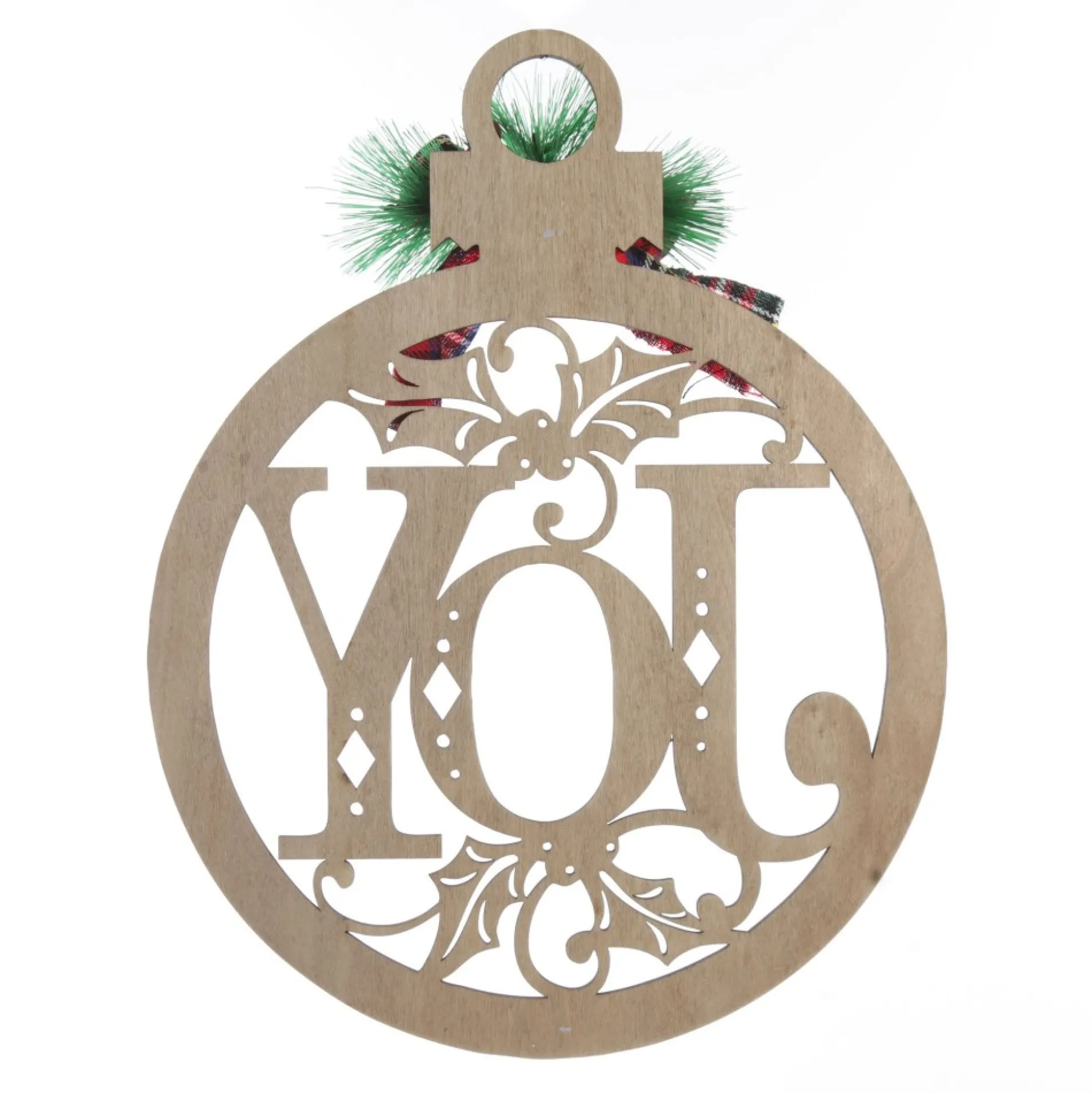 Laser Cut Joy Plywood Hanging Christmas Bauble Tartan bow Wall Hangings And Signs|