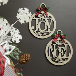 Laser Cut Noel Plywood Hanging Christmas Bauble Tartan bow Wall Hangings And Signs|