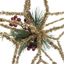Lightup Champagne Tinsel Wire 3D Star Tree Topper with Cone and Berry Tree Toppers|