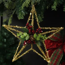 Lightup Gold Tinsel Wire 3D Star Tree Topper with Cone and Berry Tree Toppers|