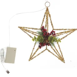 Lightup Gold Tinsel Wire 3D Star Tree Topper with Cone and Berry Tree Toppers|