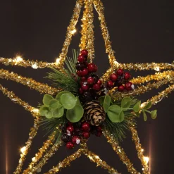 Lightup Gold Tinsel Wire 3D Star Tree Topper with Cone and Berry Tree Toppers|