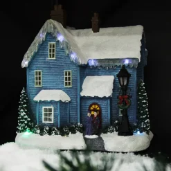 Lightup Musical Snowcapped Blue House Christmas Ornament Light-Up Scenes And Ornaments|