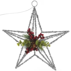 Lightup Silver Tinsel Wire 3D Star Tree Topper with Cone and Berry Tree Toppers|