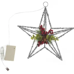 Lightup Silver Tinsel Wire 3D Star Tree Topper with Cone and Berry Tree Toppers|