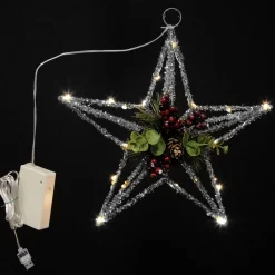 Lightup Silver Tinsel Wire 3D Star Tree Topper with Cone and Berry Tree Toppers|