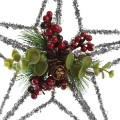 Lightup Silver Tinsel Wire 3D Star Tree Topper with Cone and Berry Tree Toppers|