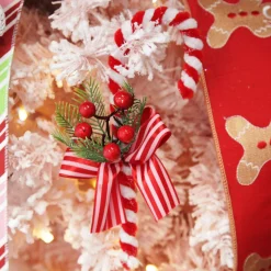 Medium Chenille Stick Christmas Candy Cane with Pine and Berries - Set of 2 Christmas Tree Decorations|