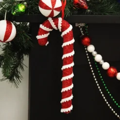 Medium Red Glitter with Braid Candy Cane Christmas Decoration - Set of 2 Christmas Tree Decorations|