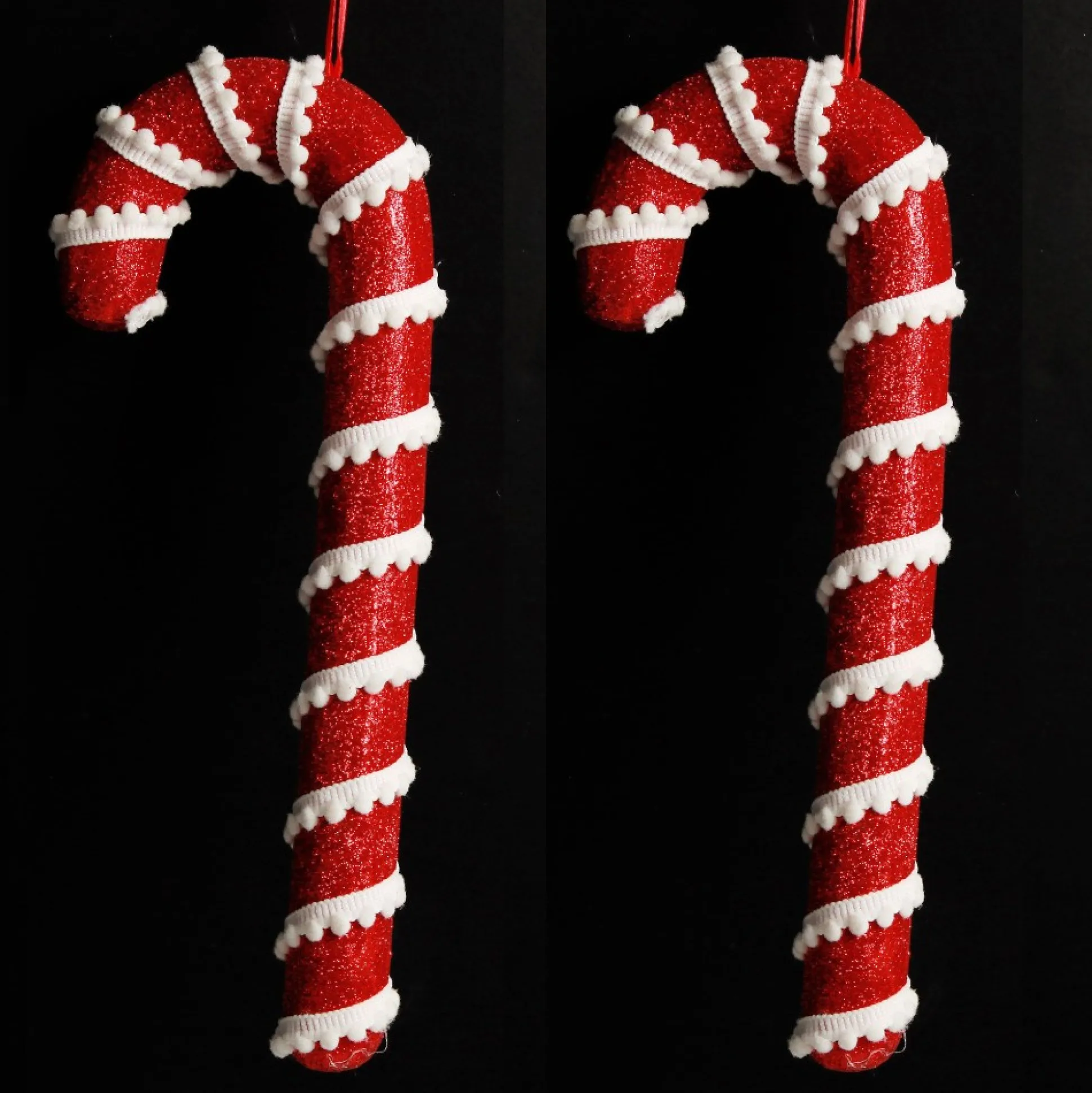 Medium Red Glitter with Braid Candy Cane Christmas Decoration - Set of 2 Christmas Tree Decorations|