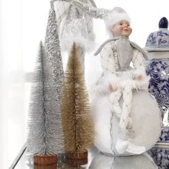 Medium Silver Bottle Brush Christmas Tree on Wooden Base Table Top Christmas Trees|