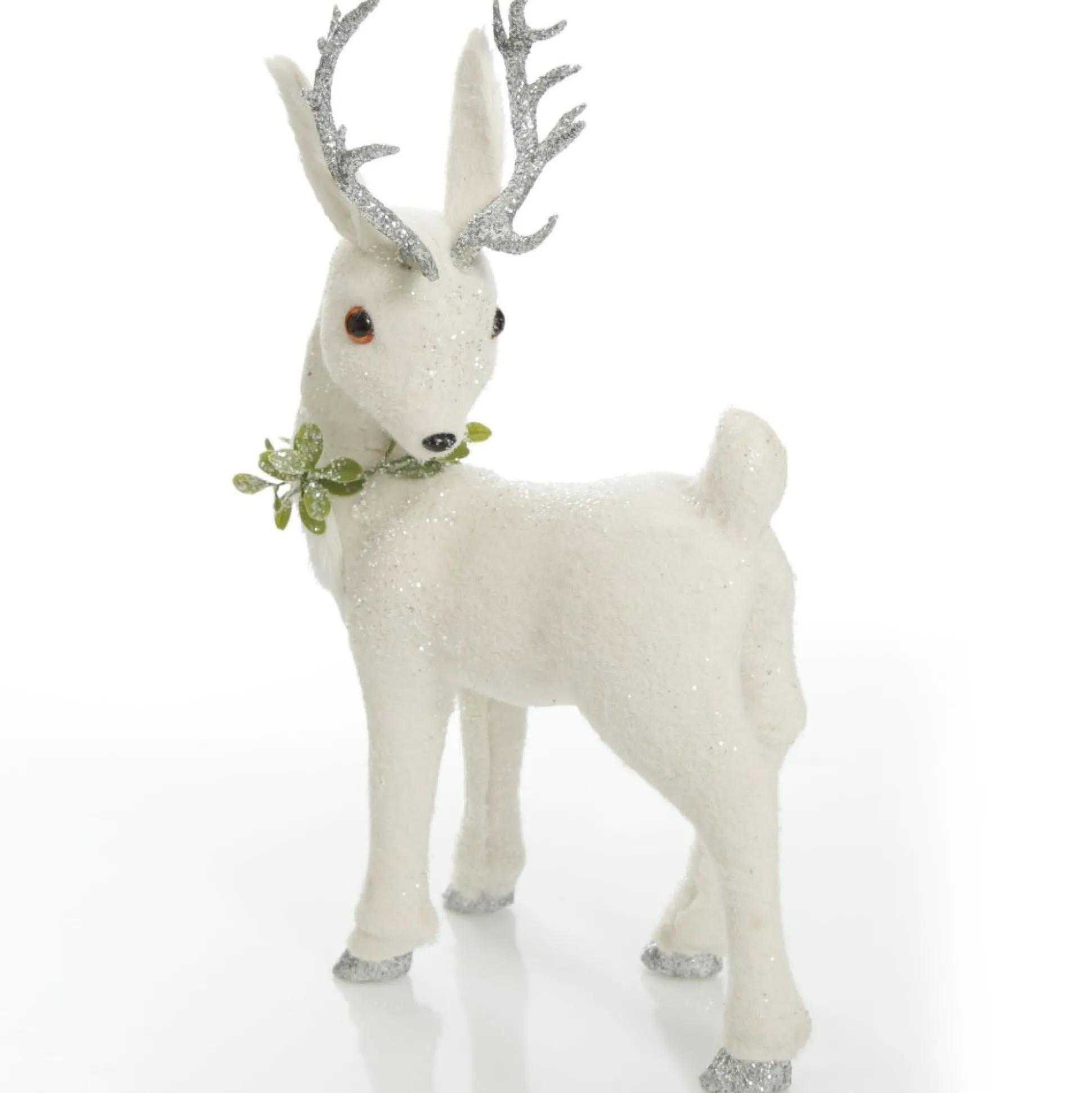 Medium White Sisal Standing Deer with Silver Glitter Antlers Christmas Birds And Animals|