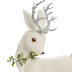 Medium White Sisal Standing Deer with Silver Glitter Antlers Christmas Birds And Animals|