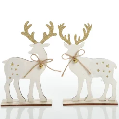 Medium White Wood Deers with Gold Glitter Ornaments -Set of 2 Christmas Birds And Animals|