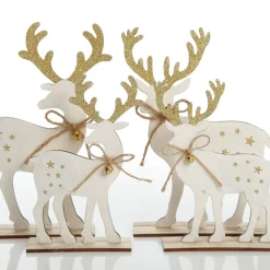 Medium White Wood Deers with Gold Glitter Ornaments -Set of 2 Christmas Birds And Animals|