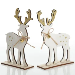 Medium White Wood Deers with Gold Glitter Ornaments -Set of 2 Christmas Birds And Animals|