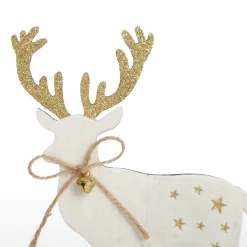 Medium White Wood Deers with Gold Glitter Ornaments -Set of 2 Christmas Birds And Animals|