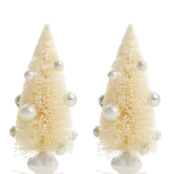 Mini Ivory Bottle Brush Tree with Pearls - Set of 2 Table Top Christmas Trees|