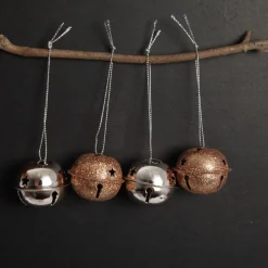 Mixed Finish Rose Gold 4cm Jingle Bell Decorations - Bag of 4 Christmas Bells And Bows|