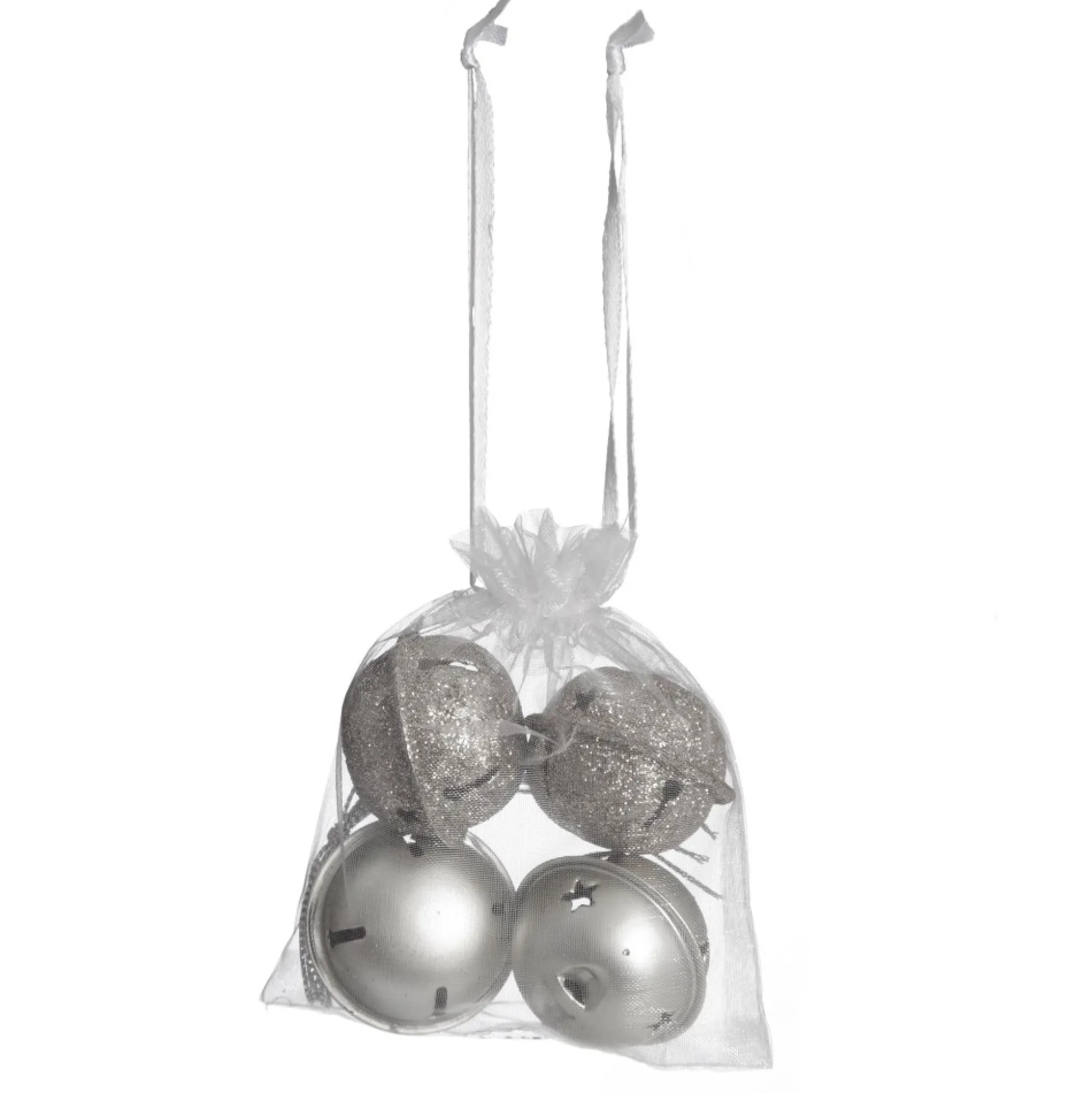 Mixed Finish Silver 4cm Jingle Bell Decorations - Bag of 4 Christmas Bells And Bows|