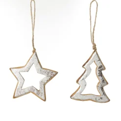 Natural and Silver Hollow Wood Star and Tree Decoration - Set of 2 Christmas Tree Decorations|