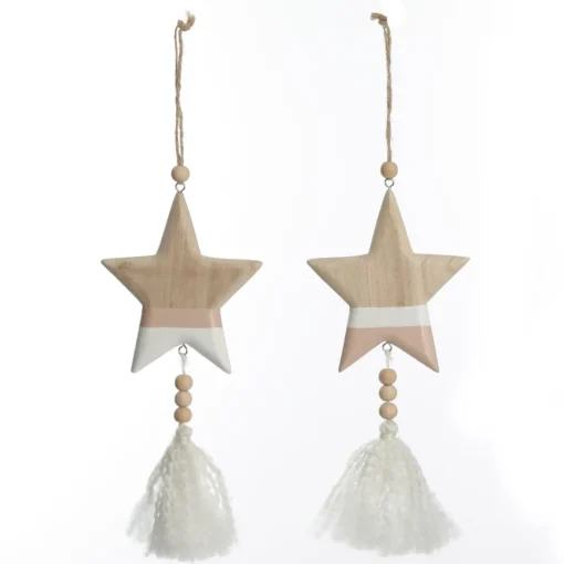 Natural and White Wooden Stars with Tassels Tree Decorations - Set of 2 Christmas Tree Decorations|