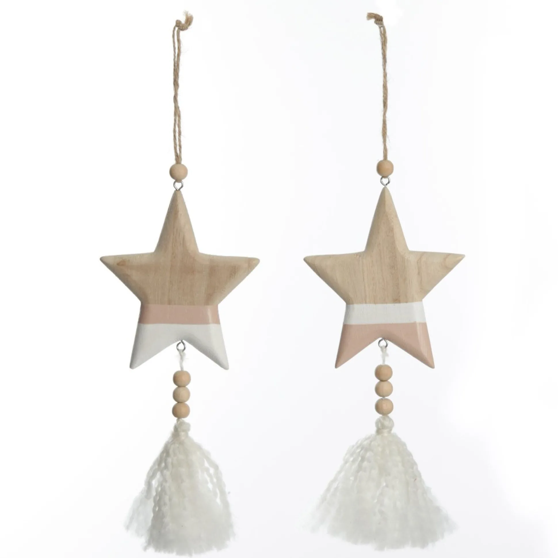 Natural and White Wooden Stars with Tassels Tree Decorations - Set of 2 Christmas Tree Decorations|