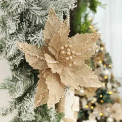 Natural Burlap Poinsettia Flower Clip with Beads Christmas Flowers|