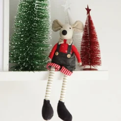 Natural Calico Fabric Boy Mouse with Grey Overalls and Stripey Legs Christmas Birds And Animals|