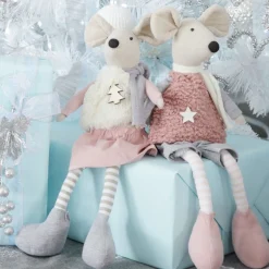 Natural Calico Fabric Girl Mouse Grey and Pink Christmas Birds And Animals|