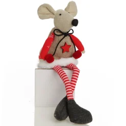 Natural Calico Fabric Girl Mouse with Red Dress and Stripey Legs Christmas Birds And Animals|