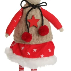 Natural Calico Fabric Girl Mouse with Red Dress and Stripey Legs Christmas Birds And Animals|