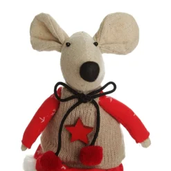 Natural Calico Fabric Girl Mouse with Red Dress and Stripey Legs Christmas Birds And Animals|