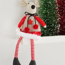 Natural Calico Fabric Girl Mouse with Red Dress and Stripey Legs Christmas Birds And Animals|