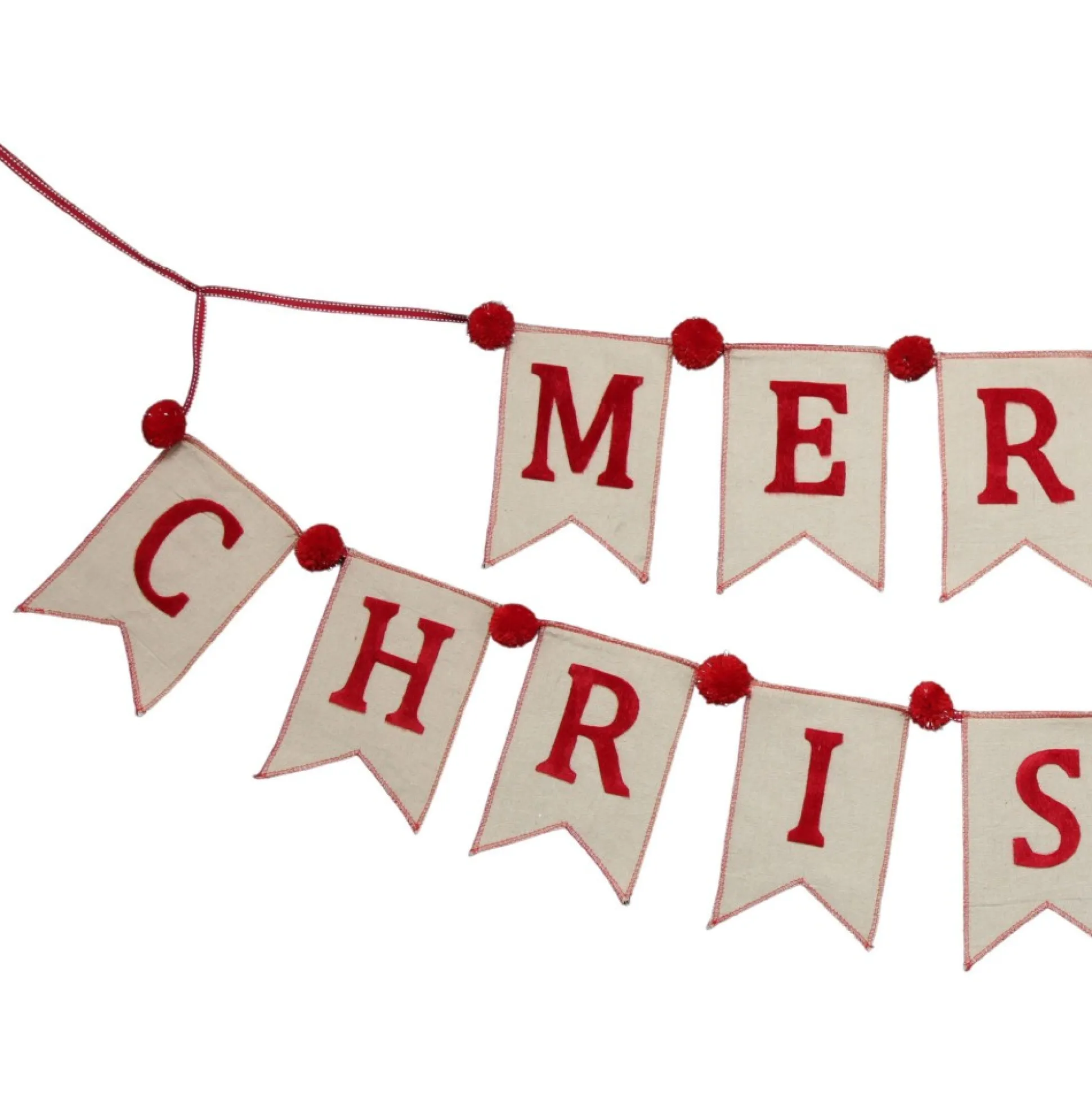 Natural Linen and Red Merry Christmas Bunting with Pom Poms Tree Garlands|