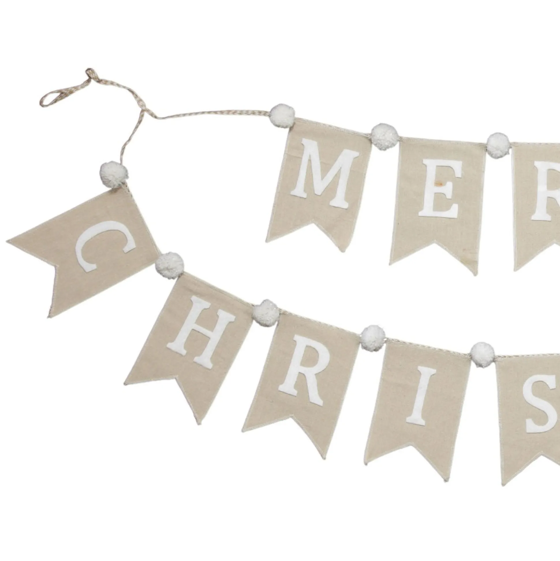 Natural Linen and White Merry Christmas Bunting with Pom Poms Tree Garlands|