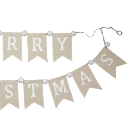 Natural Linen and White Merry Christmas Bunting with Pom Poms Tree Garlands|