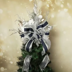 Navy Blue and Silver Deluxe Tree Topper Bow with Streamers Tree Toppers|