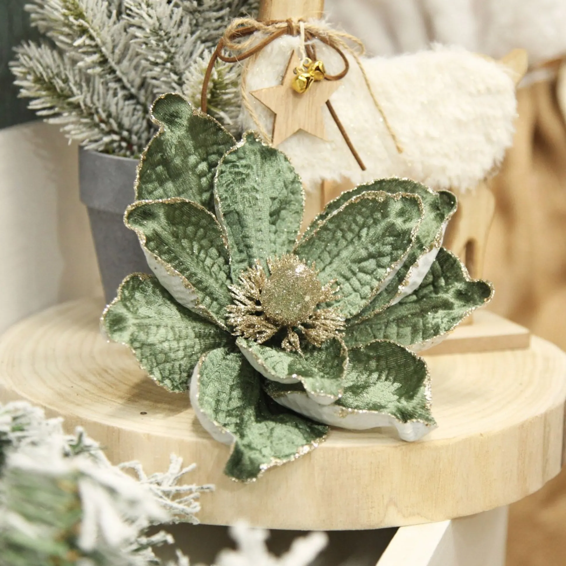 Olive Green Velvet Magnolia Flower Clip Christmas Flowers|
