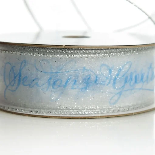 Organza Silver and Blue Seasons Greetings Wired Ribbon - 3.8cm Ribbons|