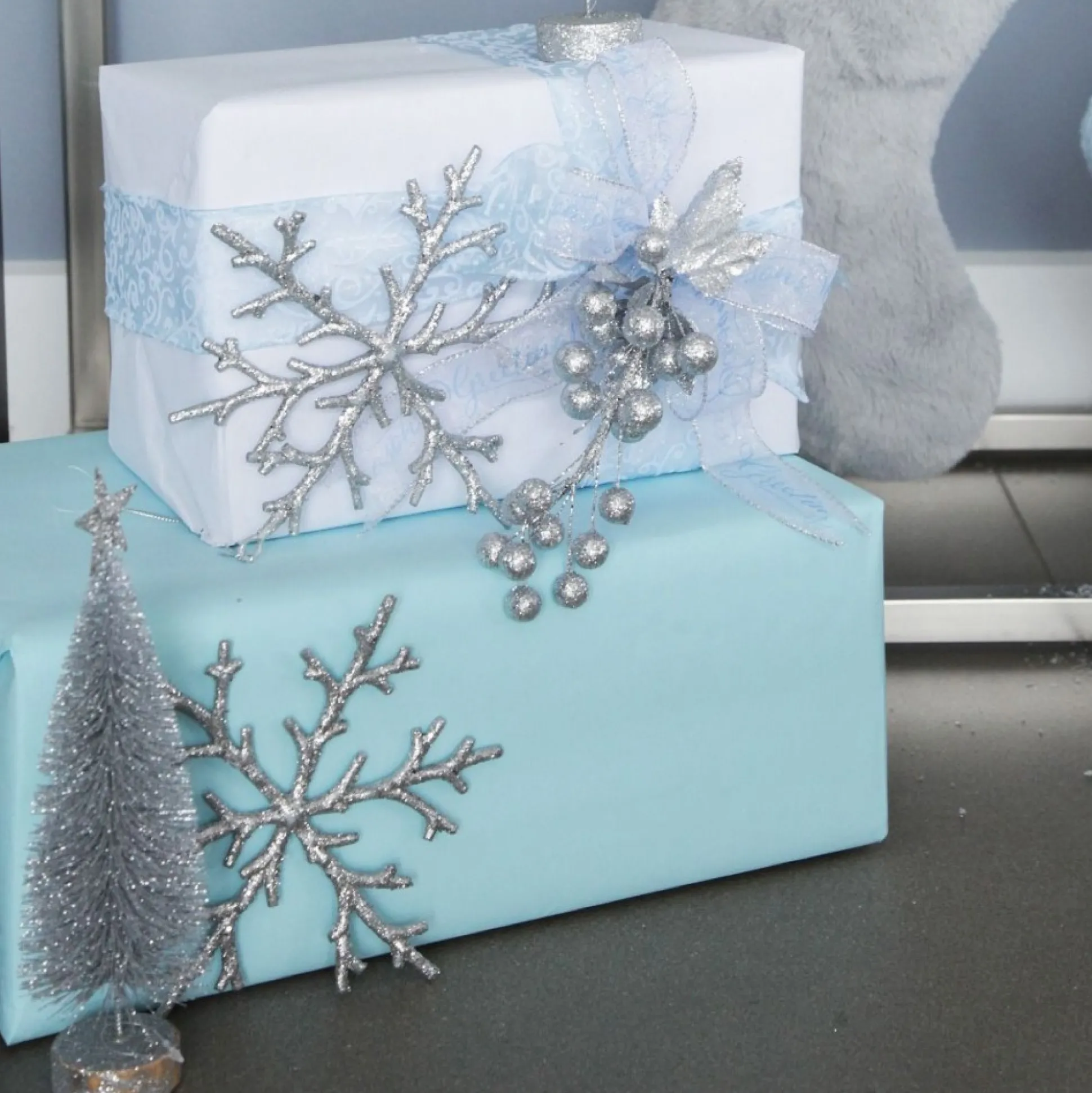 Organza Silver and Blue Seasons Greetings Wired Ribbon - 3.8cm Ribbons|