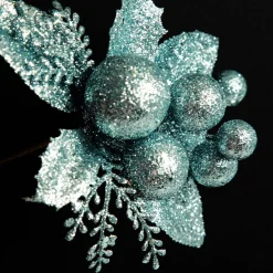 Pale Blue Glitter Ball and Leaf Pick - Set of 2 Christmas Pick|Pale Blue Glitter Ball And Leaf Pick - Set Of 2