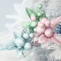 Pale Blue Glitter Ball and Leaf Pick - Set of 2 Christmas Pick|Pale Blue Glitter Ball And Leaf Pick - Set Of 2