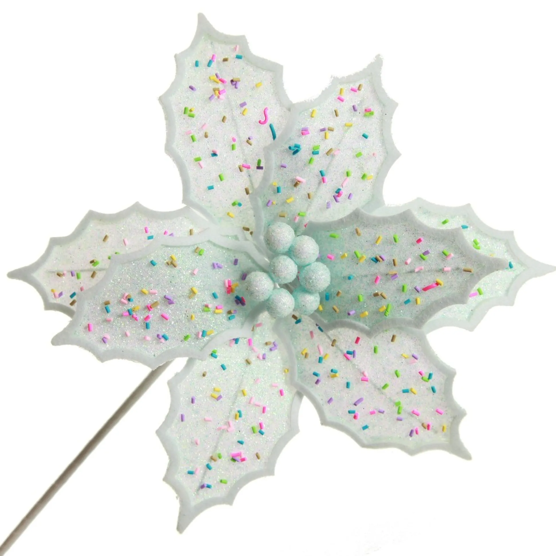Pale Blue Poinsettia Flower Stem with Multicoloured Sprinkles Christmas Flowers|