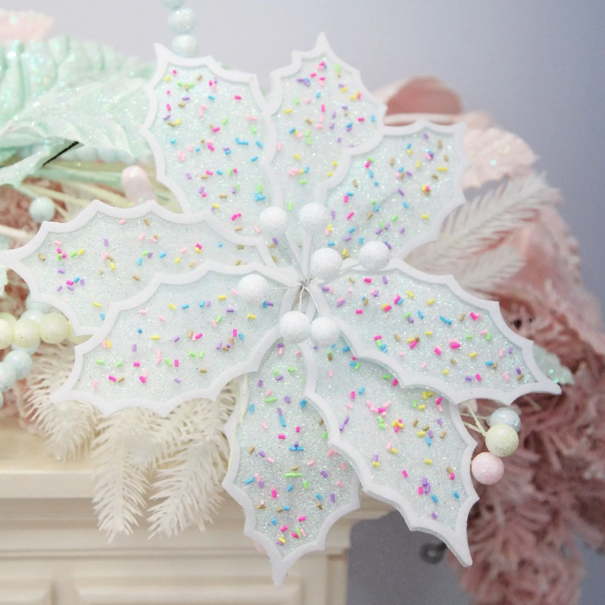 Pale Blue Poinsettia Flower Stem with Multicoloured Sprinkles Christmas Flowers|